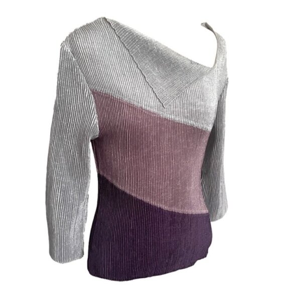 Purple Gray Colourblock Accordion Pleated Springy Stretchy Long Sleeve Top - S - Picture 3 of 9